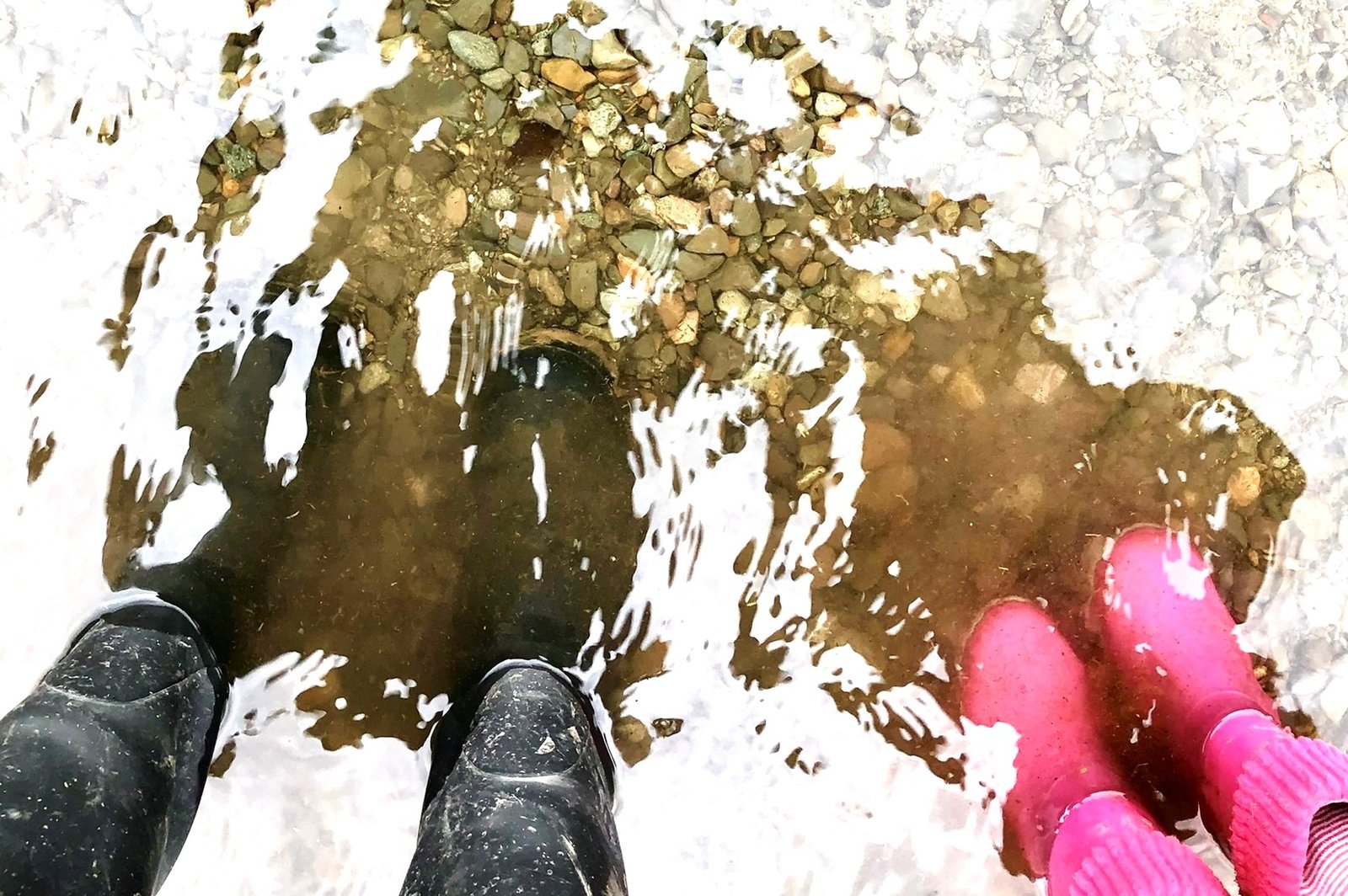 Adult's black and child's pink wellies in Lake Windermere, photographed from above.
